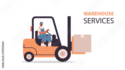 forkplift driver loading cardboard boxes in warehouse product goods shipping delivery service concept horizontal isolated vector illustration
