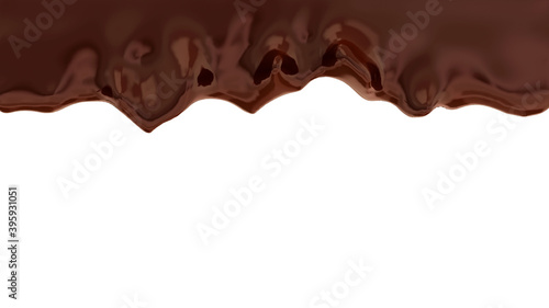 Melted chocolate. Chocolate background. Isolated on a white background. 3d rendering illustration. High resolution.