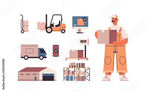 logistic warehouse icons set with cargo symbols and deliveryman in uniform express delivery service concept horizontal isolated vector illustration