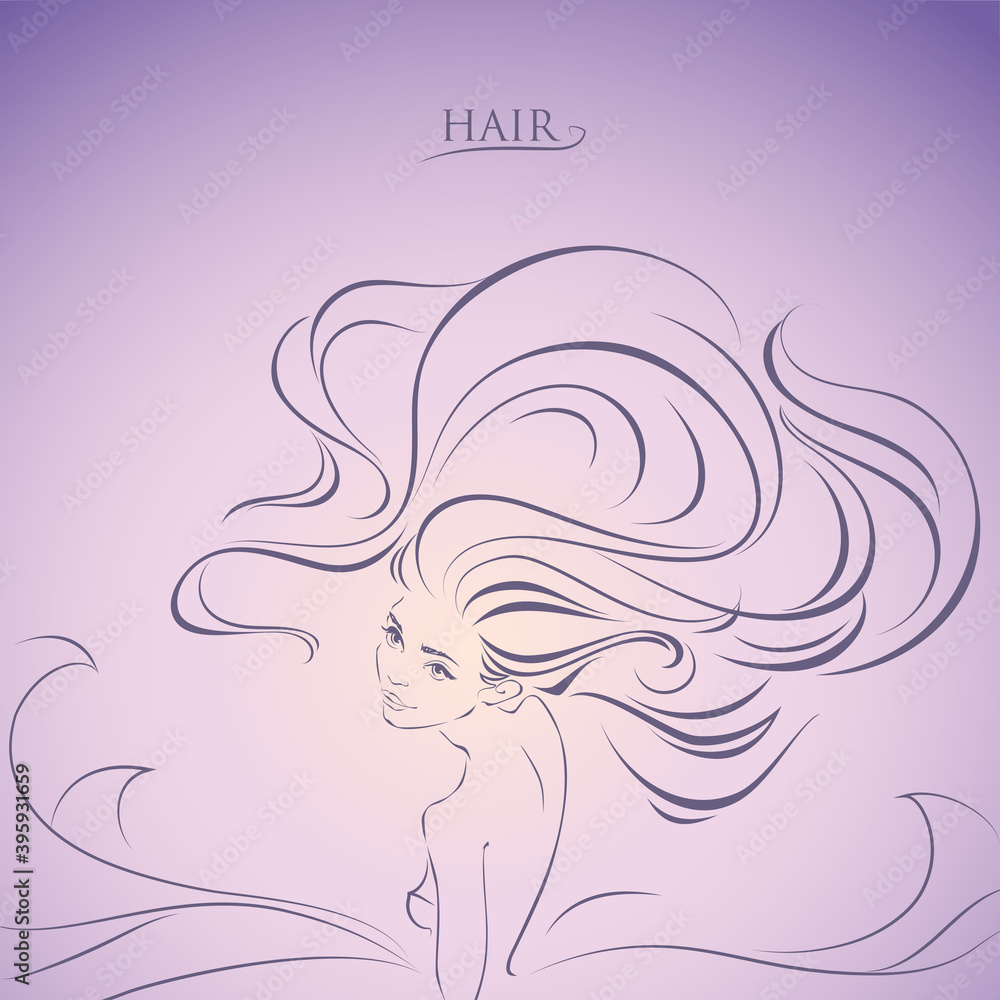 Girl half-turned with fluttering hair in linear style with gradient. Hand drawn vector illustration isolated on a purple