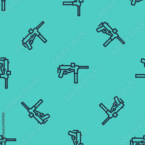 Black line Submachine gun M3, Grease gun icon isolated seamless pattern on green background. Vector.