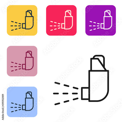 Black line Inhaler icon isolated on white background. Breather for cough relief, inhalation, allergic patient. Medical allergy asthma inhaler spray. Set icons in color square buttons. Vector.