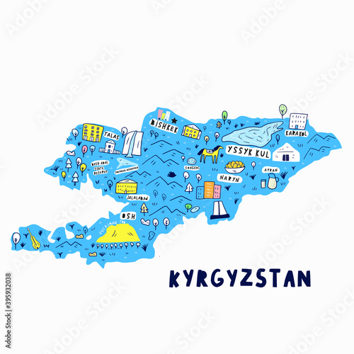 map of Kyrgyzstan in handdrawn cartoon modern style vector illustration. Illustrated map of Kyrgyzstan isolated. Cartography concept. Travel concept. Central Asia. 
