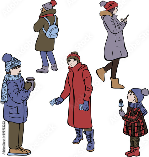 Vector collection of people in winter clothes. Seasonal cartoon illustration, wintertime.