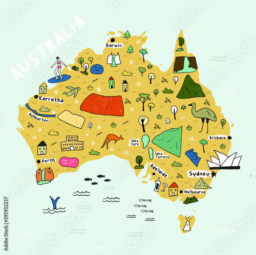map of Australia in cartoon colorful modern style vector illustration. Illustrated map of Australia in hand drawn  doodle style. Cartography concept. Vector illustration of cartoon map. Travel concept