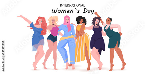 mix race girls standing together female empowerment movement union of feminists women's day concept horizontal full length vector illustration