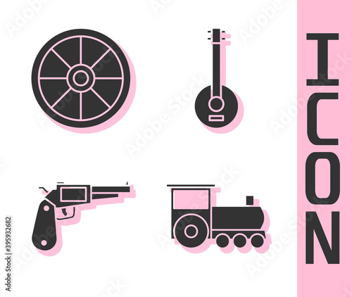 Set Retro train, Old wooden wheel, Revolver gun and Banjo icon. Vector.