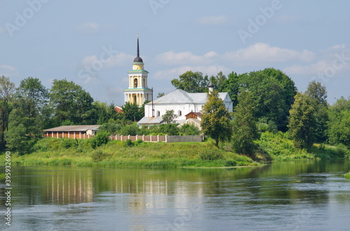 View of the Church of Peter and Paul of the former Holy Trinity monastery. The Confluence of the Volga river and the Selizharovka river in the small town of Selizharovo. Tver region, Russia