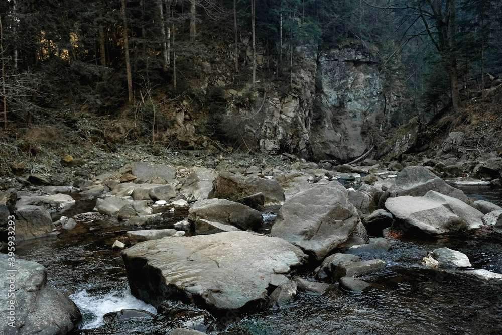 Mountain river among rocks and forest. Beautiful mountain landscape. Copy, empty space for text Mountain river among rocks and forest. Beautiful mountain landscape. Copy, empty space for text