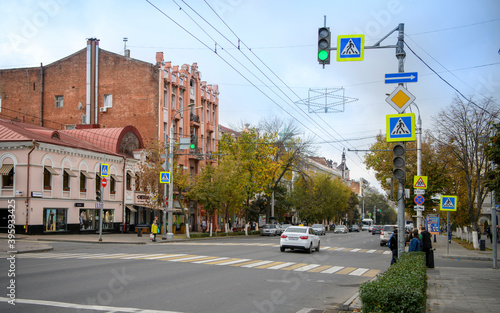  Autumn has come to the city.Pedestrians and vehicles move along the street Bolshaya Sadovaya