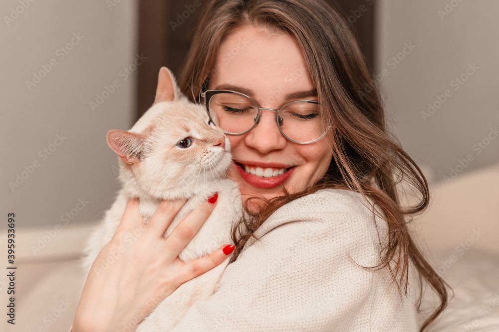 cute red cat of British breed in the arms of the girl, the girl's face is out of focus