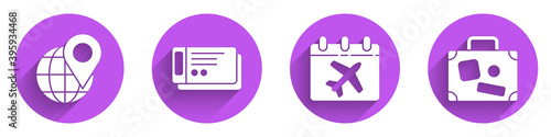 Set Location on the globe, Travel ticket, Calendar and airplane and Suitcase icon with long shadow. Vector.