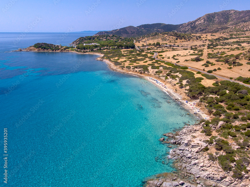 aerial view of clear cristal water in Villasimius