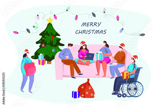 Character in Mask Celebrating Christmas Online and New Year Online during Quarantine.Christmas Party in Covid 19.Winter Holidays in Coronavirus.Online Conferense in Quarantine.Vector Illustration