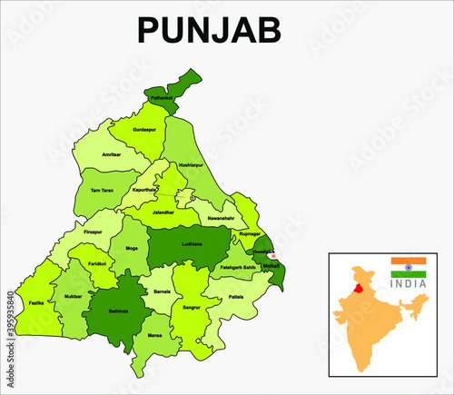 Punjab map. Political and administrative map of Punjab with districts name. Showing International and State boundary and district boundary of Punjab. Vector illustration of districts map.