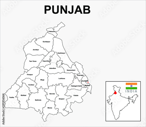 Punjab map. Political and administrative map of Punjab with districts name. Showing International and State boundary and district boundary of Punjab. Vector illustration of districts map.