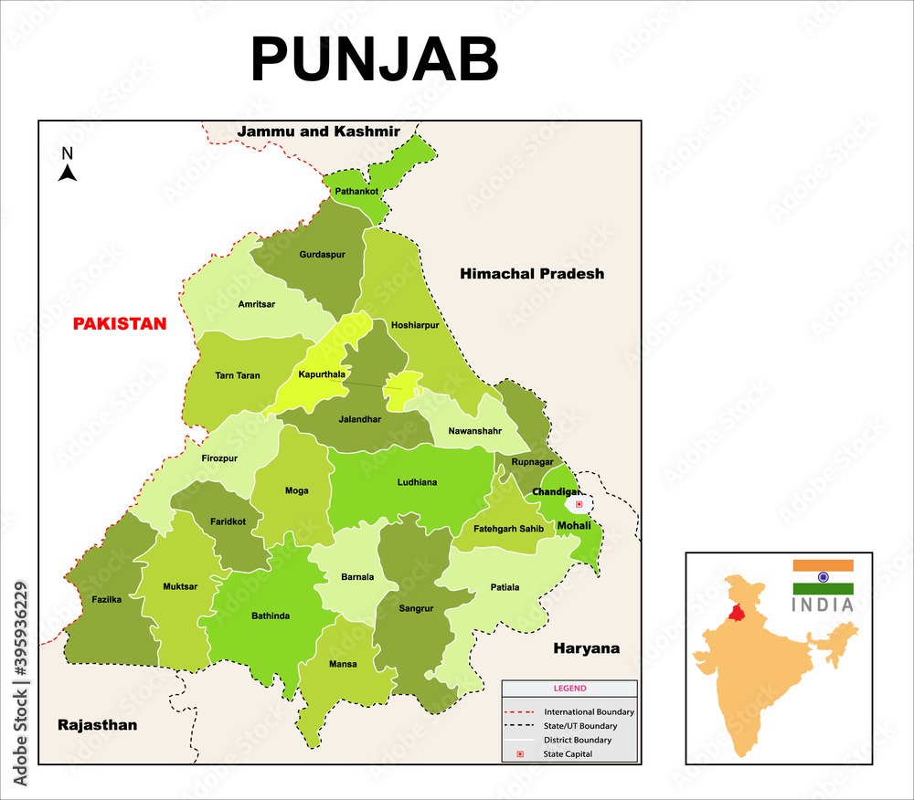 Punjab map. Political and administrative map of Punjab with districts ...