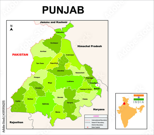 Punjab map. Political and administrative map of Punjab with districts name in green color.