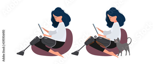 A girl with a prosthetic leg sits on a pouf. The concept of people with additional needs. Isolated. Vector.