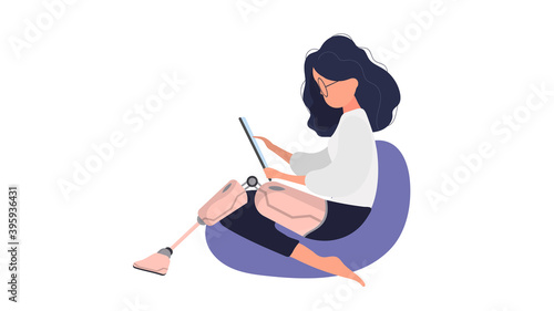 A girl with a pink prosthetic leg sits on a pouf. The concept of people with additional needs. Vector.