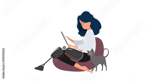 A girl with a prosthetic leg sits on a pouf. The concept of people with additional needs. Vector.