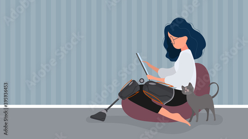 A girl with a prosthetic leg sits on a pouf. The concept of people with additional needs. Vector illustration.