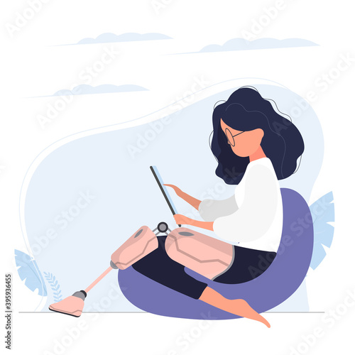 A girl with a pink prosthetic leg sits on a pouf. The concept of people with additional needs. Vector illustration.