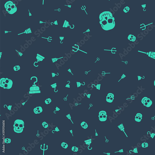 Set Neptune Trident, Skull, Pirate hook and Witches broom on seamless pattern. Vector.