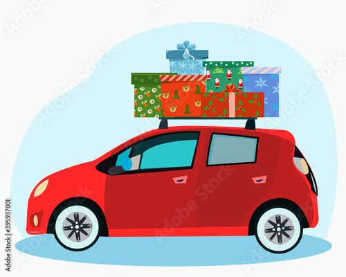 Red car carries gifts on the roof