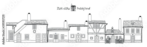 Golden Lane (Zlatá ulička) with colorful houses in Prague Castle, Czech Republic. Coloring page. Vector illustration.