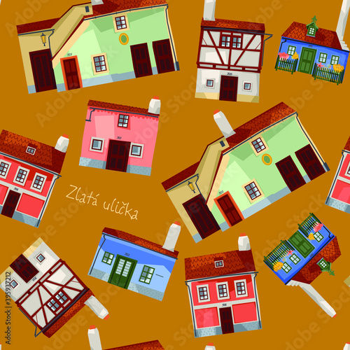 Golden Lane (Zlatá ulička) with colorful houses in Prague Castle, Czech Republic. Seamless background pattern. Vector illustration