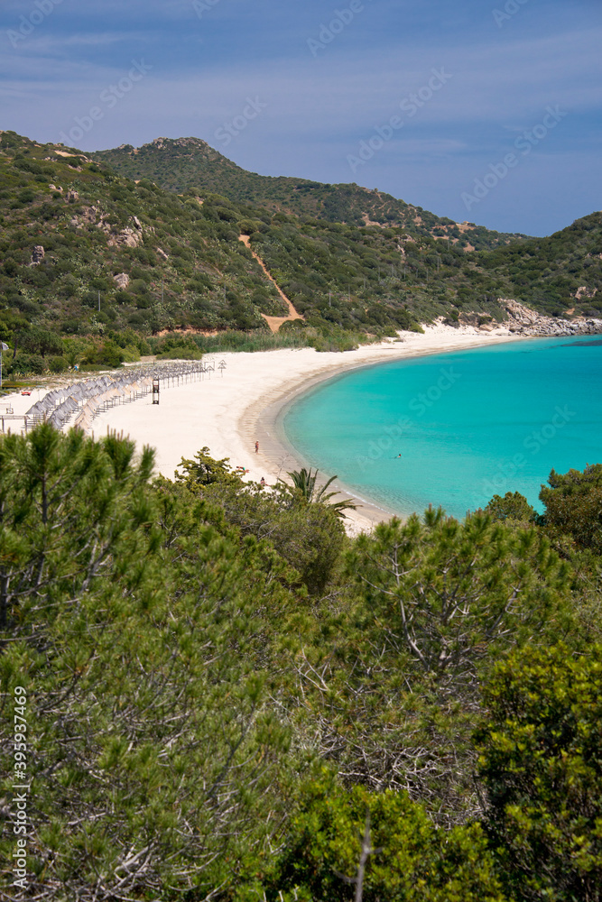 crystal clear water and Mediterranean vegetation in Campus beach, Villasimius