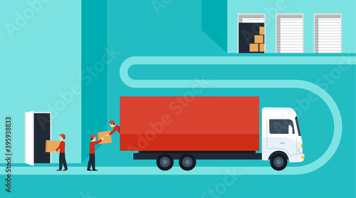 Door-to-door delivery service concept - cargo truck shipment with loaders team from warehouse to home or office destination point with geolocation pins (GPS marks) upside dispatch and delivery points