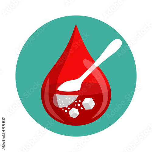 Diabetes icon - spoon and sugar cube dissolving inside blood drop - high glucose level sign - isolated vector medical antidiabetic symbol