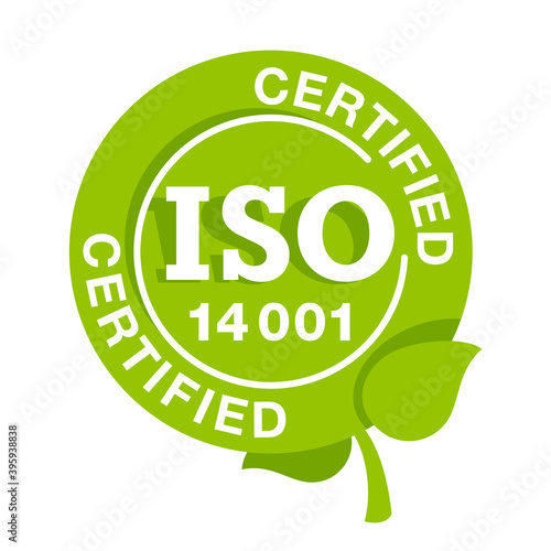 ISO 14001 environmental management system certified sign - international standard approved stamp  - green isolated icon