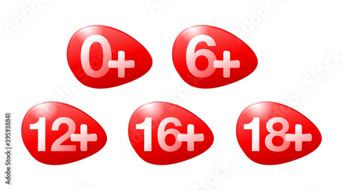Age limit icons set for censoring of different categories for children and adults - 0, 6, 12, 16, 18 plus  ages - 3D glossy emblems collection