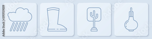 Set line Cloud with rain, Tree, Waterproof rubber boot and Onion. White square button. Vector.
