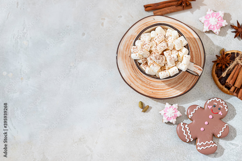 Hot winter drink. Cup of hot chocolate with marshmallows and gingerbread cookies on white background. Hot winter drink. Cup of hot chocolate with marshmallows and gingerbread cookies on white background.