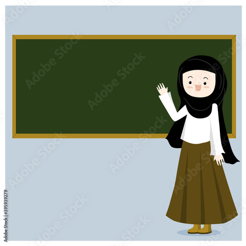 hijab teacher woman, female Muslim teacher teaching in front of black board