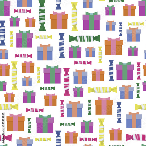 Winter seamless pattern. Gifts in cardboard boxes with bows and sweets in colorful wrappers. Symbols of Happy New Year and Christmas  home decoration. for gift wrapping paper  covers  fabrics. Vector