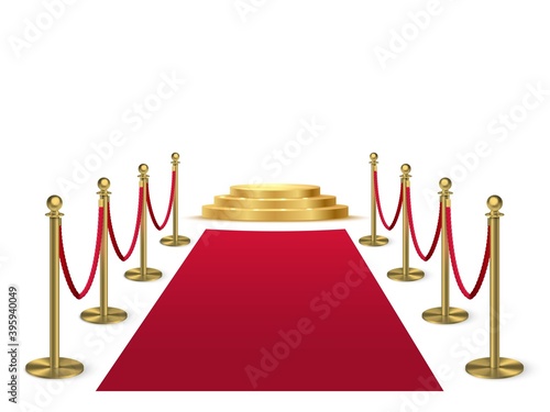 Red carpet with stanchions leading to golden podium. Award hall of fame vector illustration. Ceremony Hollywood movies award event. Realistic velvet carpet with fence and stage on white background
