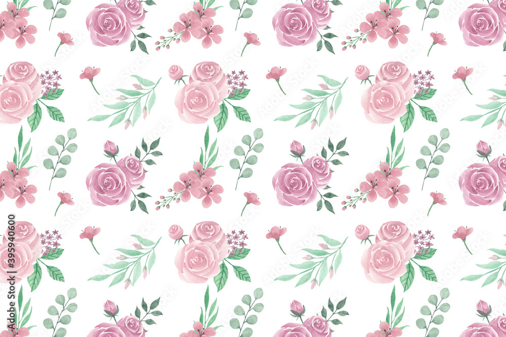 Seamless floral pattern with flowers in vintage watercolor style and decor. Vector illustration on white background