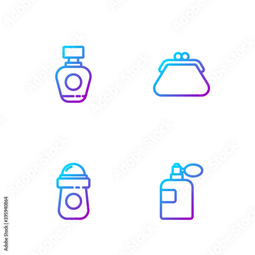 Set line Perfume, Antiperspirant deodorant roll, and Clutch bag. Gradient color icons. Vector.