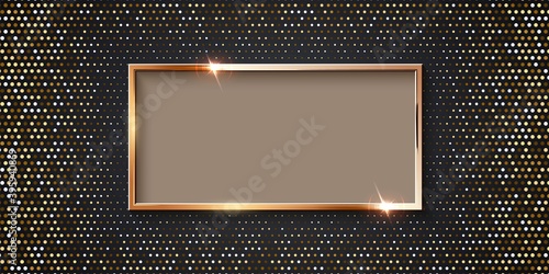 Golden rectangular frame for picture on halftone background. Blank space for picture, painting, card or photo. 3d realistic modern template vector illustration. Simple gold object on wall