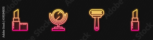Set line Shaving razor, Lipstick, Round makeup mirror and . Glowing neon icon. Vector.