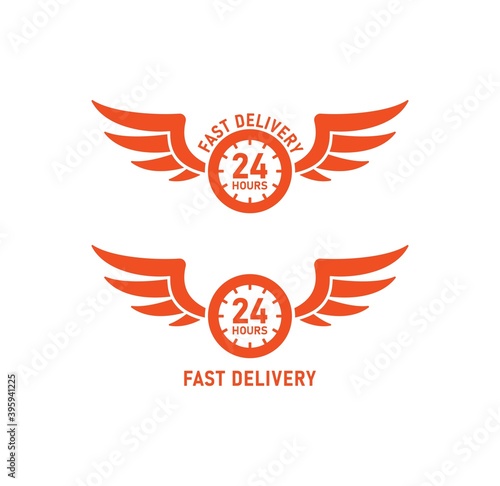 Set of color illustrations of wings, clocks, text on a white background. Vector illustration for logo, emblems, stickers. Fast delivery service logo around the clock.