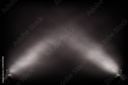 White fog spotlight coming from bottom corners on black background. Light fom projectors lighting scene or stage. Interior fashion design vector illustration. Empty minimal lighting