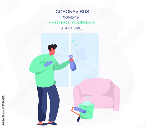 Character Man is Washing Windows at Home With Bucket and Wet Rag.Quarantine concept. Housework, Household and Cleaning Service Worker. Sofa on Background. Flat Vector Illustration