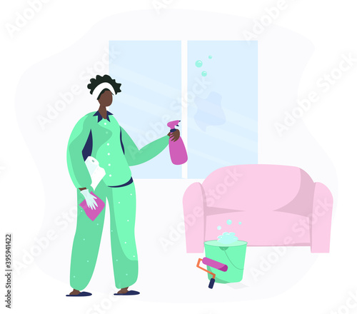Afro American Woman Making Windows Cleaning at Home.Housewife Washing Windows at Home With Bucket and Wet Rag.Quarantine concept.Housework,Cleaning Service Worker.Domestic Work.Vector Illustration