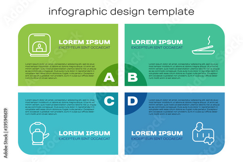 Set line Kettle with handle, Aroma lamp, Bar of soap foam and Scented spa stick. Business infographic template. Vector.